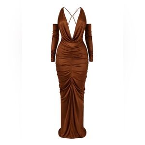Elegant Brown Maxi Dress w/ Cowl Neckline